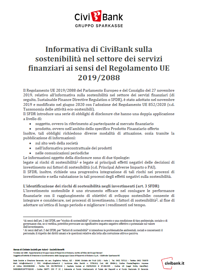 Informativa di CiviBank sulla sostenibilità nel settore dei servizi finanziari
